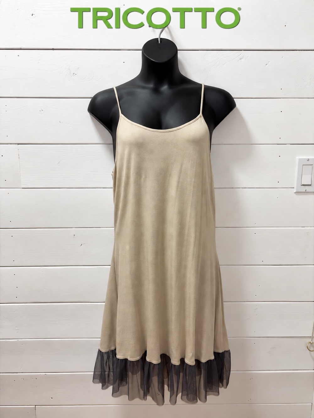 TRICOTTO Beige Slip Dress with Sheer Ruffle Hem – Size XL